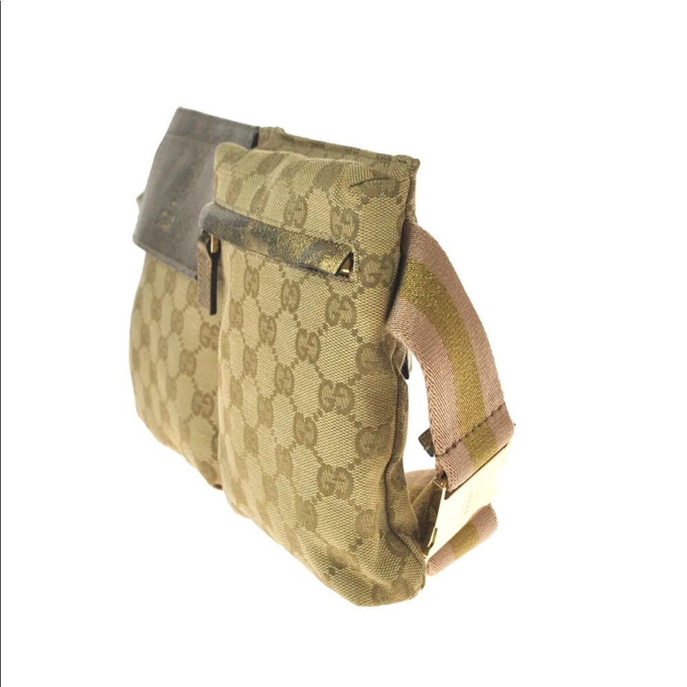 Gucci Gold Beige GG Canvas Dual Pocket Crossbody Belt Bag - Picture 3 of 12